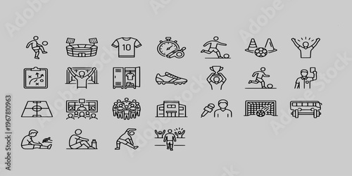 line icon collection of soccer sports elements featuring players, stadium arenas, jerseys, footballs, trophies, coaching tactics, training cones, and referee whistles.
