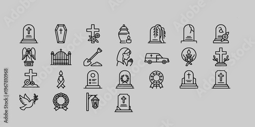 line icon collection of funeral service symbols including gravestones, coffins, memorial wreaths, church gates, urns, mourning figures, and peaceful cemetery elements
