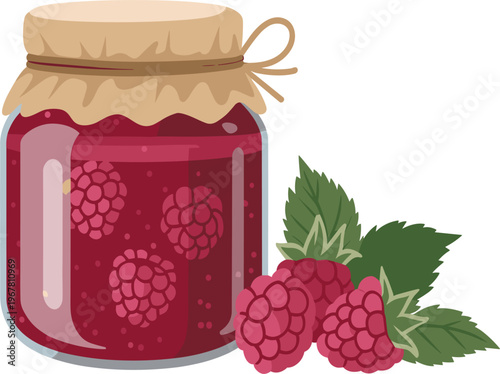 Homemade raspberry jam in glass jar with fresh berries and green leaves, sweet fruit preserves vector