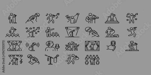 line icon collection of singing performances featuring vocalists, microphones, stage lighting, musical instruments, concert audiences, recording studios, and live music entertainment.