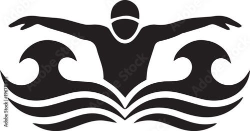 Black Silhouette Vector of Swimmer Performing Butterfly Stroke Amidst Stylised Ocean Waves