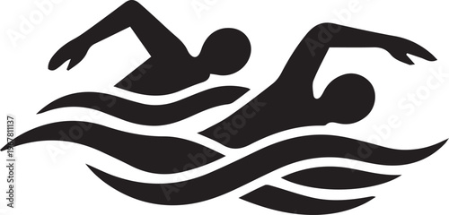 Two Swimmers Racing in Water Silhouette Stylised Icon Concept