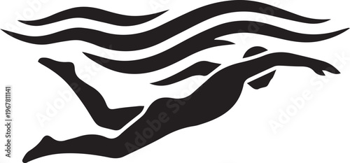 Minimalist Black Silhouette of Swimmer Gliding Under Stylised Water Waves