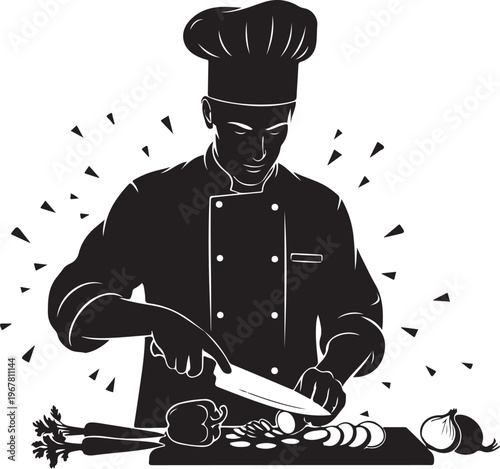 Chef cutting vegetables on cutting board cooking knife