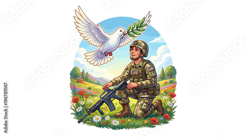 Illustrative concept of a US soldier in camouflage kneeling in a meadow, looking at a white peace dove with an olive branch, symbolizing the end of a conflict.