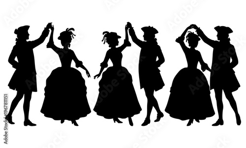 Three elegant couples dancing baroque minuet in Victorian period costumes, ballroom dance silhouettes with wide gowns and tricorn hats, classic flat black illustration isolated on background