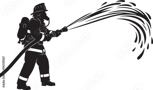 Firefighter in silhouette spraying water from hose
