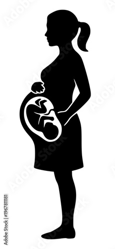 Solid black silhouette of a pregnant woman standing in profile, featuring a stylized fetus inside the womb. Clean vector illustration for maternity and pregnancy concepts.