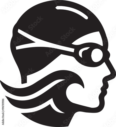Minimalist Swimmer Profile Icon with Goggles and Water Wave Graphic