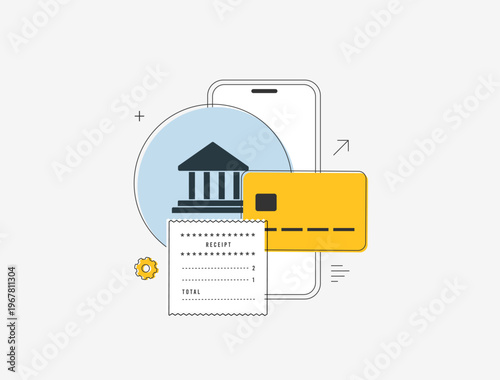 Mobile payment receipt processing, digital banking transaction confirmation, credit card bill payment interface, online invoice and bank receipt management concept, modern linear vector illustration