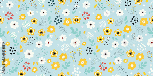 Delicate floral pattern with scattered wildflowers and leaves on blue