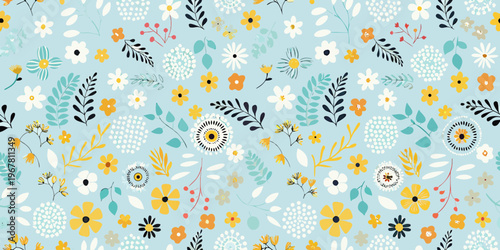 A colorful and delicate floral pattern on a light blue background