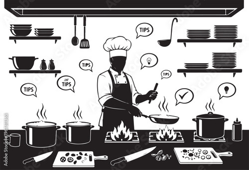 Chef cooking with tips and kitchen utensils pots
