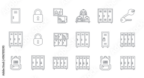 School Lockers and Backpacks Icon Set: Education, Storage, Security