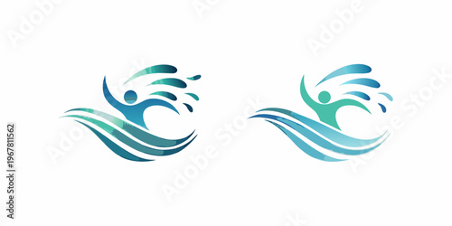 Two stylized human figures emerging from abstract water wave designs