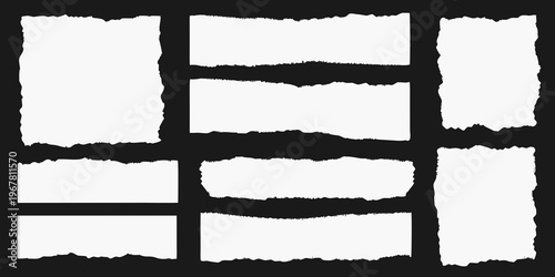 Collection of torn paper edges against a stark black background