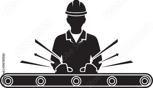 Black silhouette of worker with tools on conveyor belt
