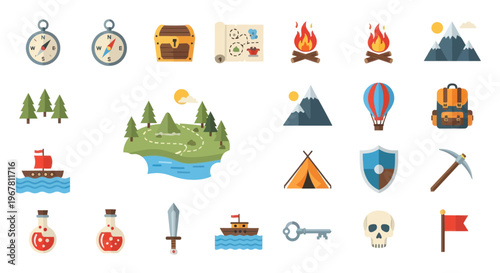 Adventure Icons: Treasure Map, Compass, Campfire, Mountains, Hot Air Balloon, Backpack, Ship, Tent