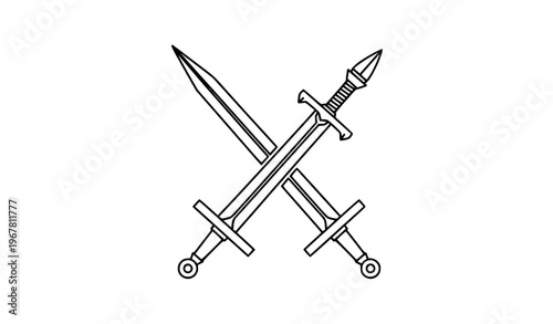 Crossed fantasy sword and dagger outline icon minimalist black line art vector