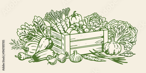 A wooden crate overflowing with a variety of fresh green vegetables