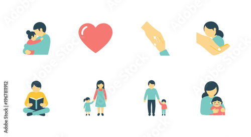Family Love Icons: Parents Hugging Children, Reading, Hearts, Hands