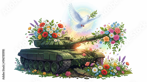 Vibrant Illustration of a Military Tank Transformed into a Lush Garden with Colorful Flowers and a White Dove Carrying an Olive Branch for Global Peace and Hope.