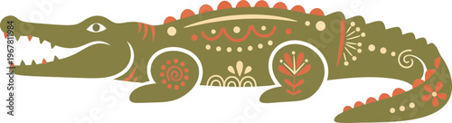 Colorful crocodile with decorative patterns.