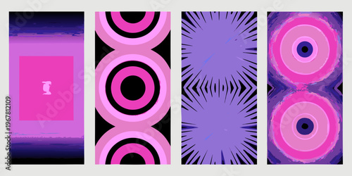 Four vertically arranged abstract panels with vibrant pink and purple hues