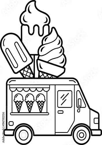 Ice cream truck vector illustration, street food van icon, dessert delivery vehicle, summer treats concept