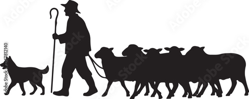Black silhouette of shepherd with dog and flock of sheep