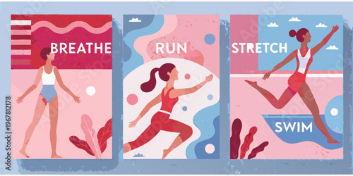 Fitness illustrations depicting breathing running stretching and swimming exercises