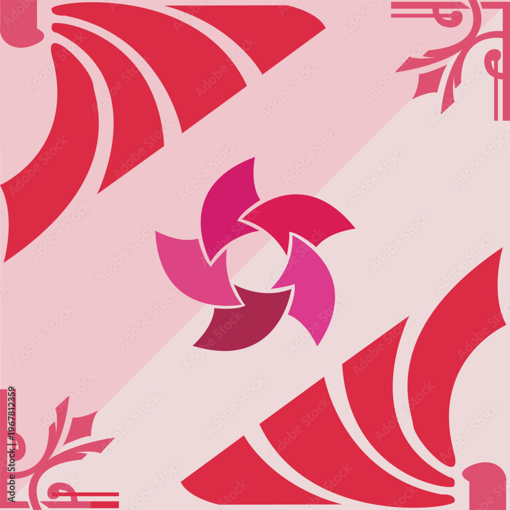 Fototapeta premium Elegant seamless geometric pattern featuring floral and petal motifs in shades of pink and vibrant red. A symmetric, modern design ideal for luxury textiles, wallpapers, and elegant packaging.