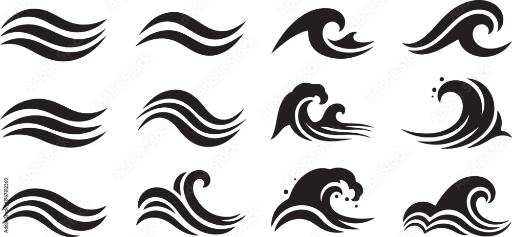 Fototapeta premium Black wave icons on a white background vector graphics