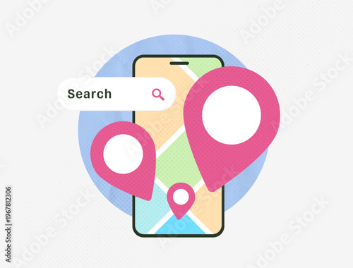 Hyperlocal search discovery interface, mobile nearby places locator tool, smartphone proximity query results, local business geotargeted search concept, modern 2026 trend design vector illustration