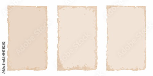 Three aged rectangular paper scraps with slightly torn edges displayed