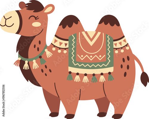 Colorful camel with decorative saddle.