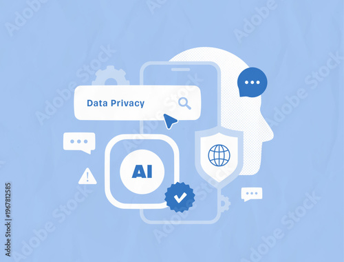AI data privacy compliance, ethical personal information protection shield. Trustworthy AI governance concept, secure user data privacy processing framework, modern organic vector illustration