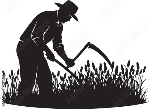 Black silhouette of man in hat using scythe to cut lavender