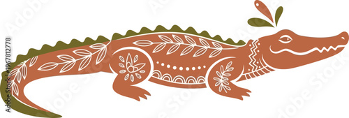 Decorative crocodile with floral patterns.