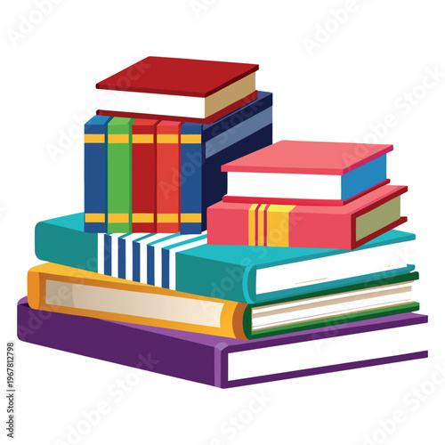 Colorful Stack of Books with Various Sizes and Bindings in Vibrant Red, Blue, Green, Purple, and Yellow on white background