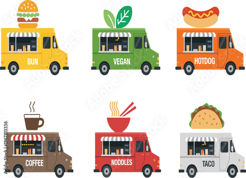 Food truck vector illustration set, colorful collection of mobile kitchens for burger, vegan, hotdog, coffee, noodles, and taco street food concepts, isolated on white background
