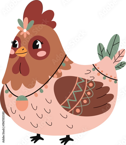 Brown Chicken with Colorful Feather Patterns.