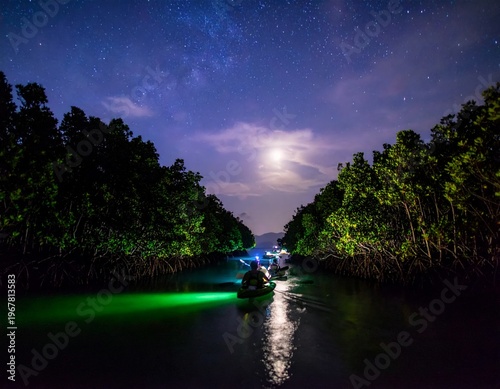 Nighttime boat journey under starry sky through illuminated mangrove forest.