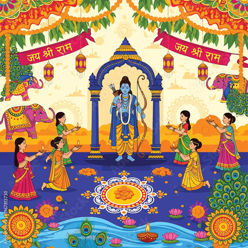 Blue Hindu God Krishna Standing Archway.