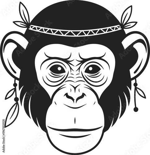 Orangutan face with tribal accessories.