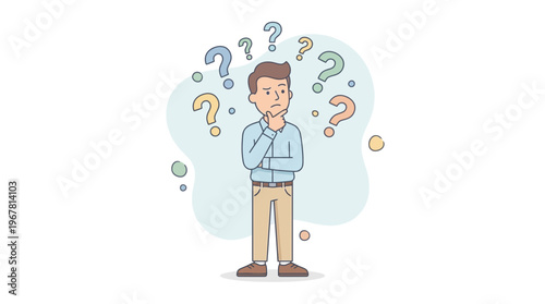 Young male project manager standing thoughtfully surrounded by colorful floating question marks, ideal for problem solving articles, business decision making presentations and educational blogs