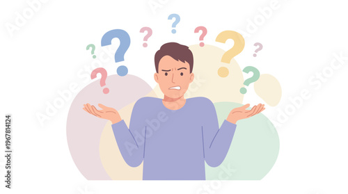 Young marketing manager shrugging with confused expression and colorful question marks, ideal for business problem solving, corporate identity and online customer support presentation