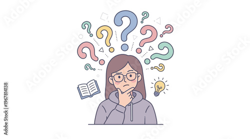 Young business researcher with glasses thinking deeply with colorful question marks and lightbulb icons, ideal for problem solving, educational content and professional brainstorming