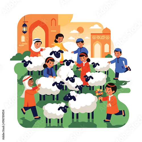Children playing with sheep outdoors.