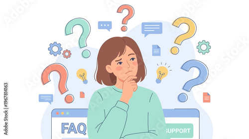 Female customer support specialist thinking deeply while surrounded by question marks and FAQ icons on digital interface, ideal for help desk marketing, customer service training and FAQ pages